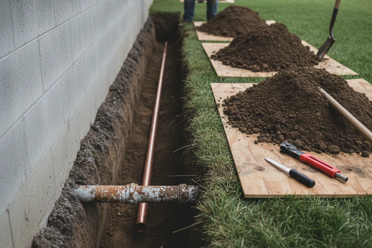 Excavated water line trench during Sewer Line Repair in Stinnett